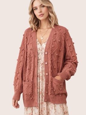 Jackson Rowe Bobble Cable Knit Cardigan Chunky Small Cozy Cottagecore Oversized